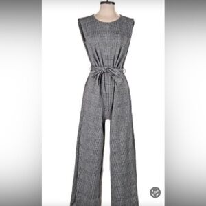 Max Studio Grey Plaid Wide-Leg Tie-Waist Jumpsuit